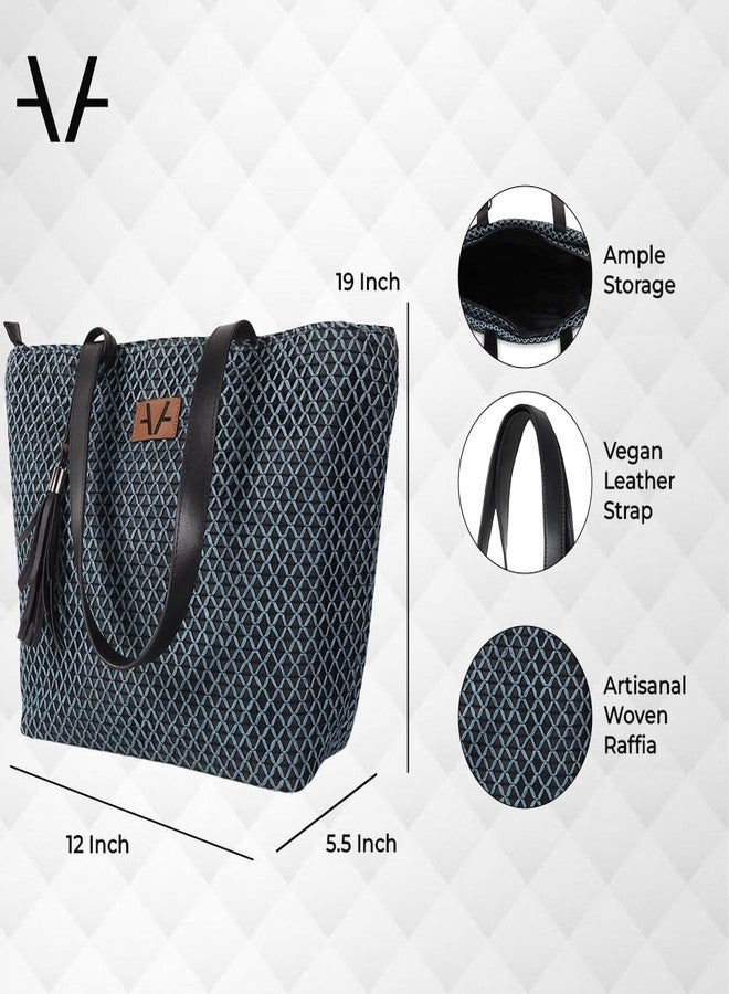 Avake Denim Cross Tote Bag with Raffia and Vegan Leather Accents | Fits 14-Inch Laptop | Stylish & Durable | Lightweight Shoulder Bag for Work, Travel & Daily Use | Made in India - Image 3